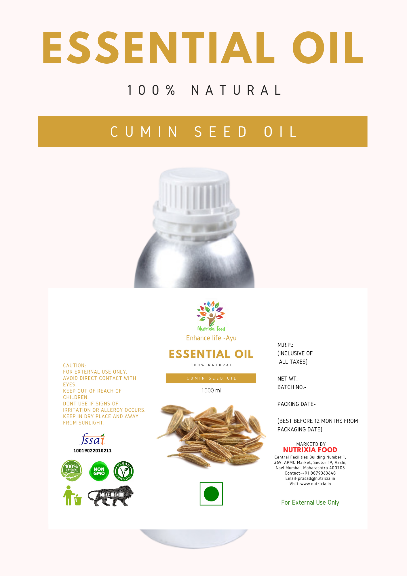 Cumin Seed Oil - 1 Liter -Nutrixia Food