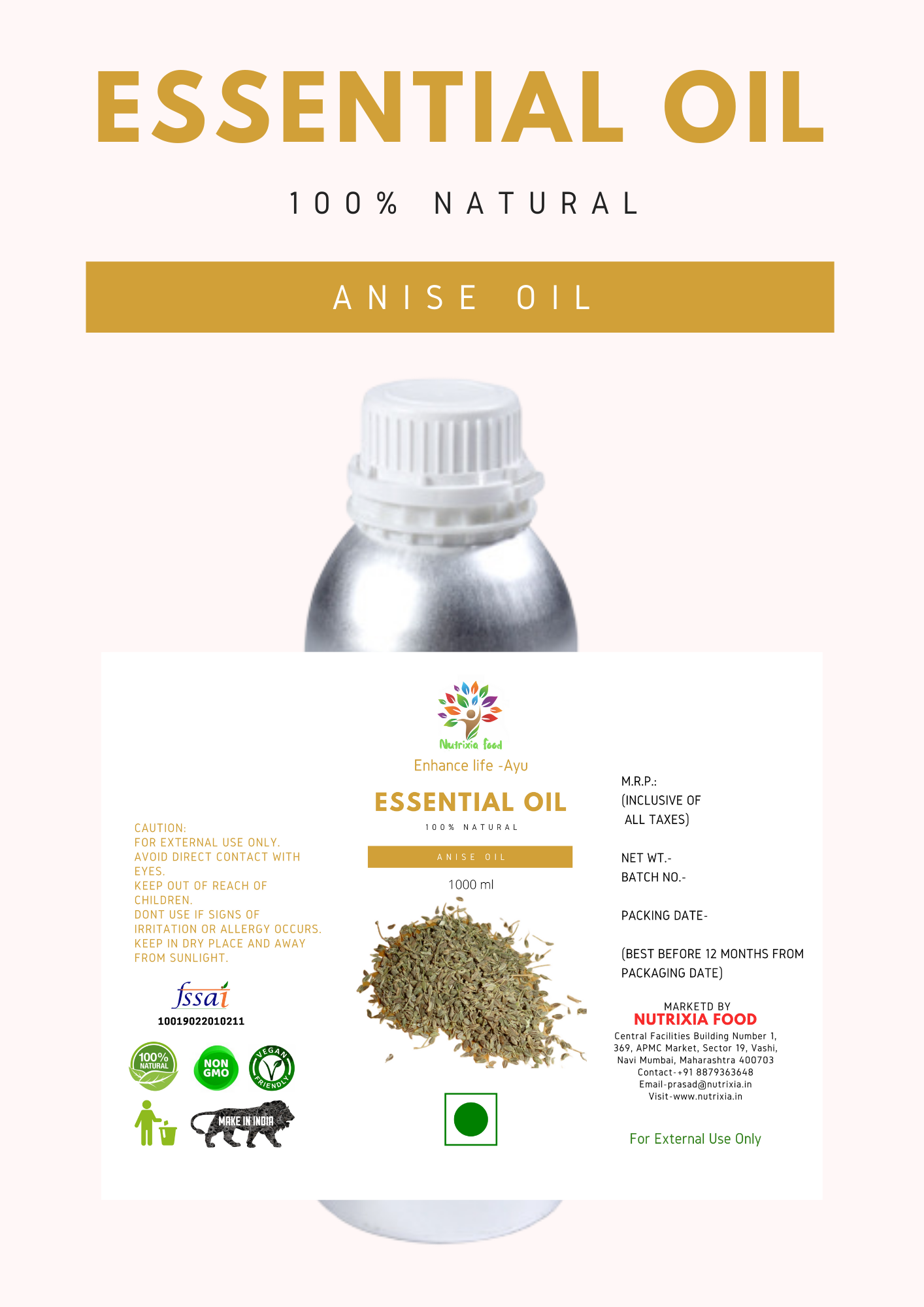 Anise Oil (Pimpinella anisum) - 1 Liter -Nutrixia Food