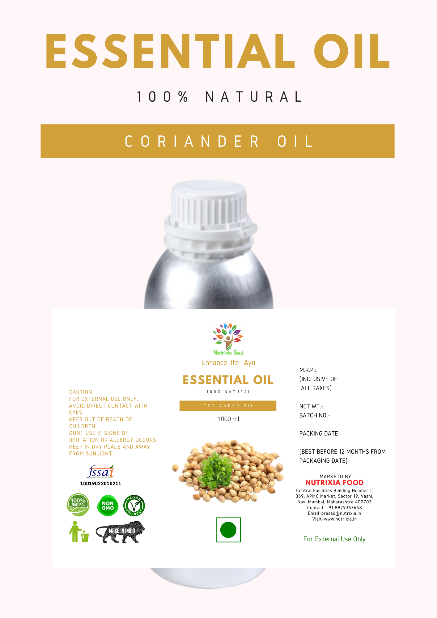 Coriander Oil - 1 Liter -Nutrixia Food