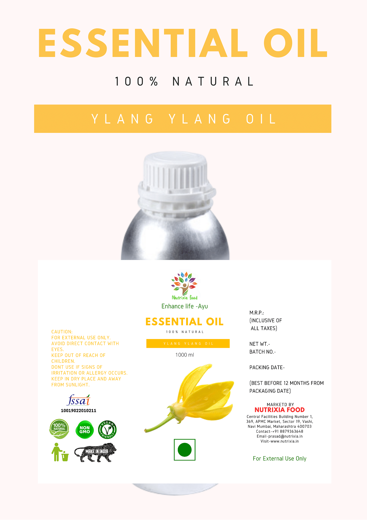 Ylang Ylang Oil - वन चम्पक तेल-Cananga odorata- 1 Liter -Nutrixia Food